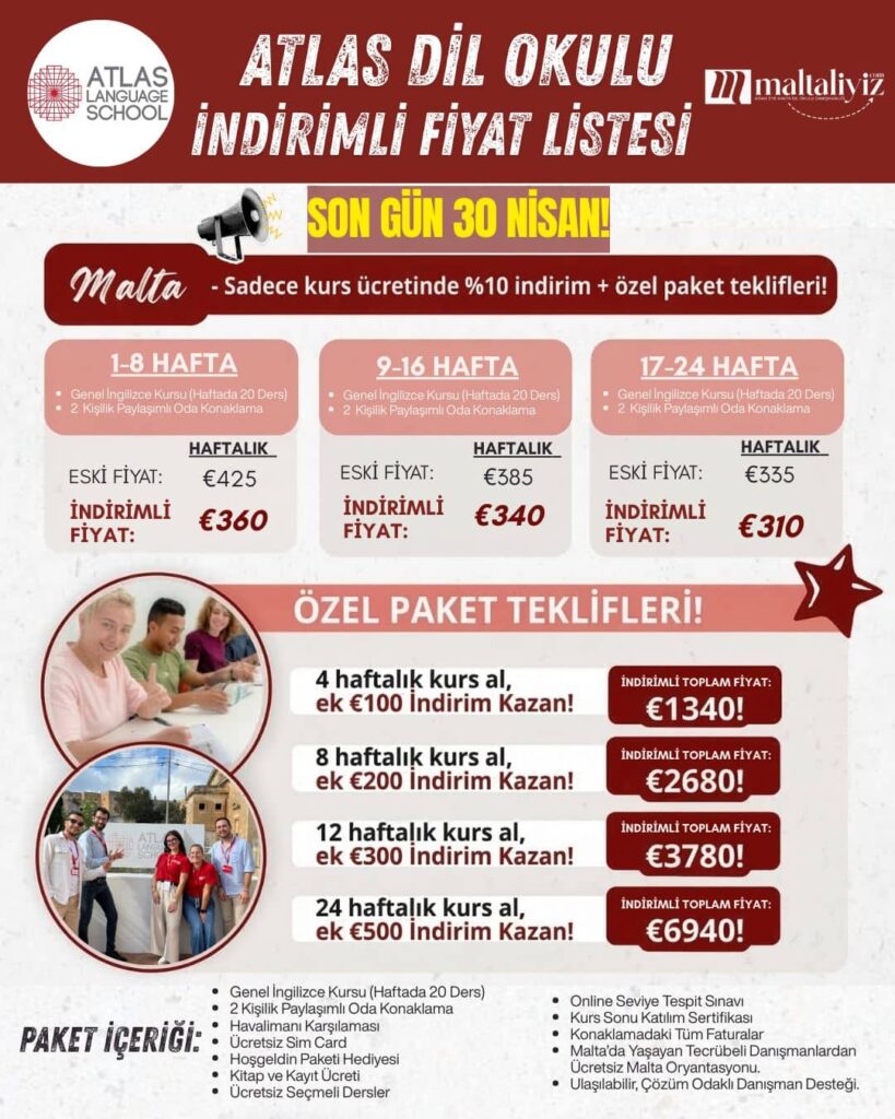 Atlas Malta dil okulu 2026 indirimli fiyat listesi ve her şey dahil paket kampanyası