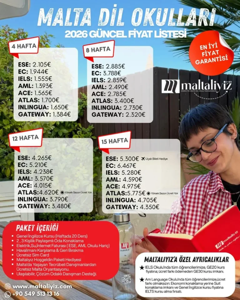 Malta dil okulu fiyatları güncel 2026 liste