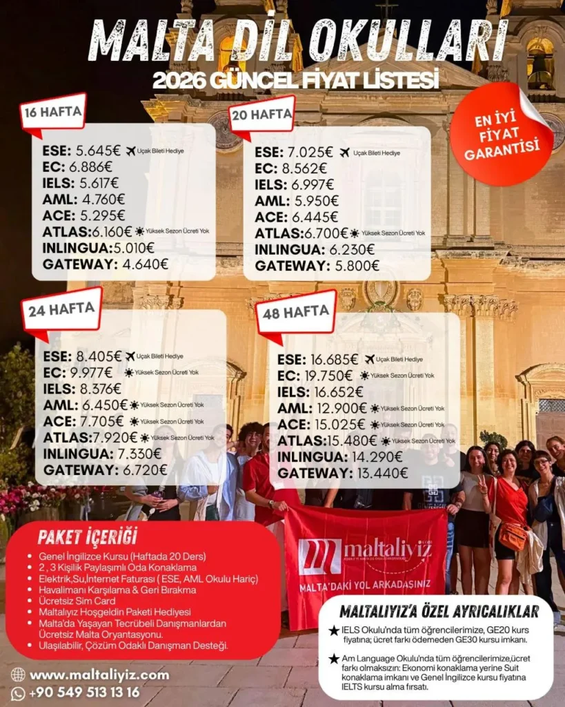 Malta dil okulu fiyatları 2026 güncel liste