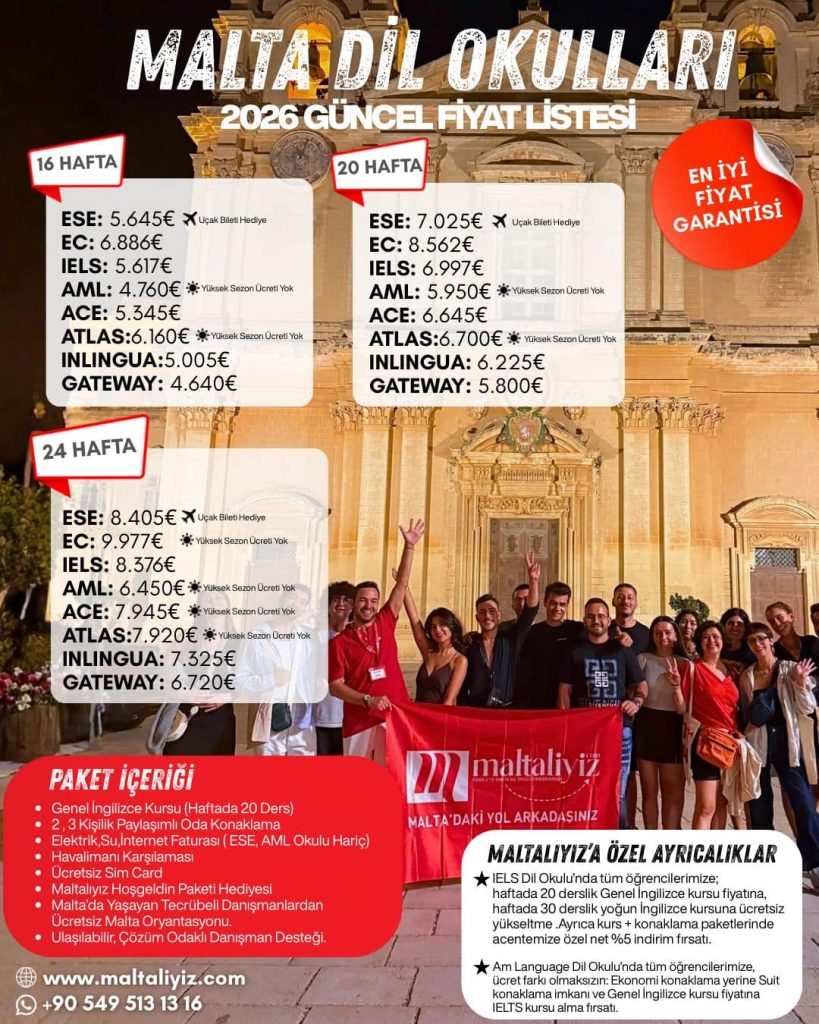 Malta dil okulu fiyatlari güncel 2026 liste